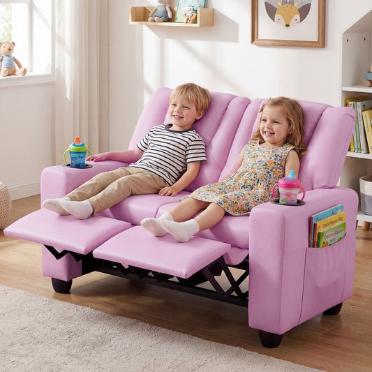 Pink 2-Seater Kids Recliner | Cup Holders & Storage Pockets