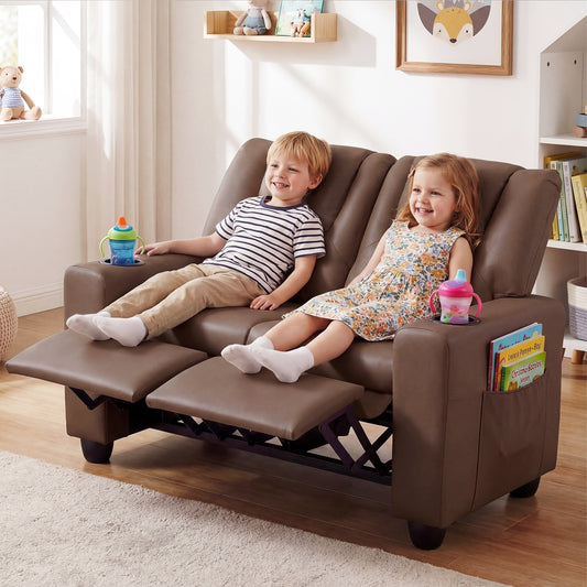 Brown 2-Seater Kids Recliner | Cup Holders & Storage Pockets