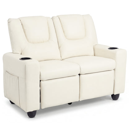Beige 2 Seater Kids Recliner | Cup Holders & Storage Pockets
