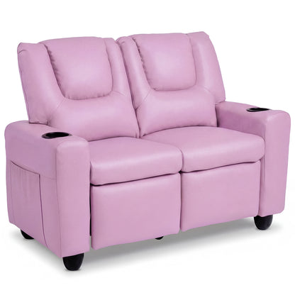 Pink 2-Seater Kids Recliner | Cup Holders & Storage Pockets