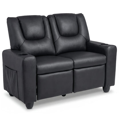 Black 2 Seater Kids Recliner | Cup Holders & Storage Pockets
