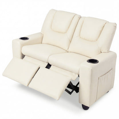Beige 2 Seater Kids Recliner | Cup Holders & Storage Pockets