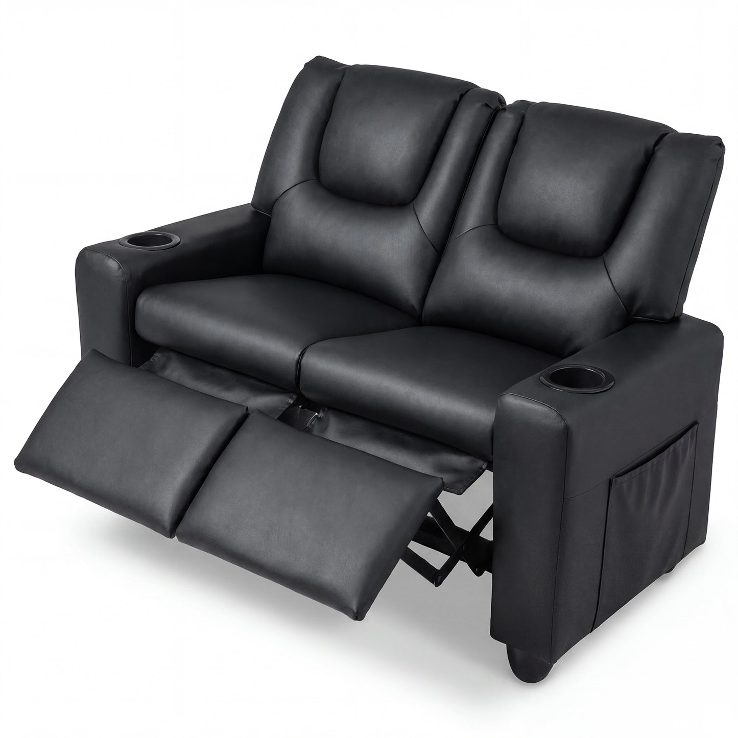 Black 2 Seater Kids Recliner | Cup Holders & Storage Pockets