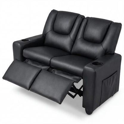 Black 2 Seater Kids Recliner | Cup Holders & Storage Pockets