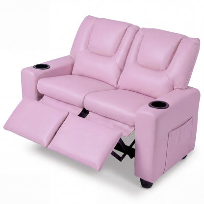 Pink 2-Seater Kids Recliner | Cup Holders & Storage Pockets