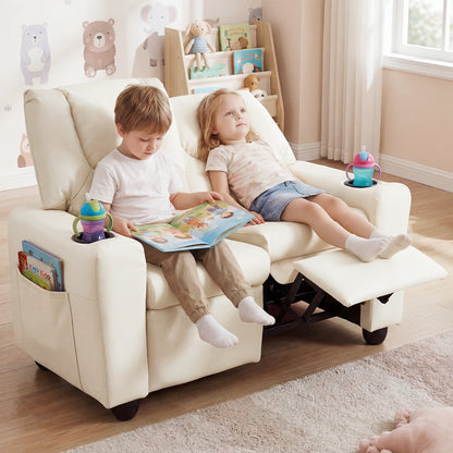 Beige 2 Seater Kids Recliner | Cup Holders & Storage Pockets