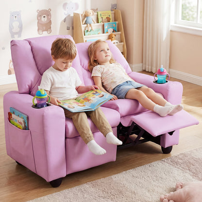 Pink 2-Seater Kids Recliner | Cup Holders & Storage Pockets