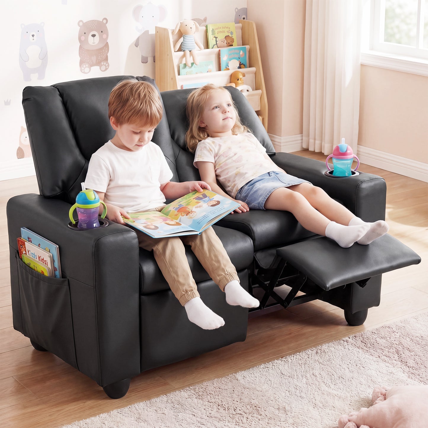 Black 2 Seater Kids Recliner | Cup Holders & Storage Pockets