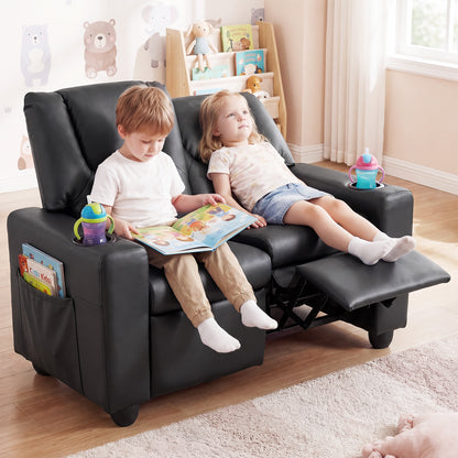 Black 2 Seater Kids Recliner | Cup Holders & Storage Pockets