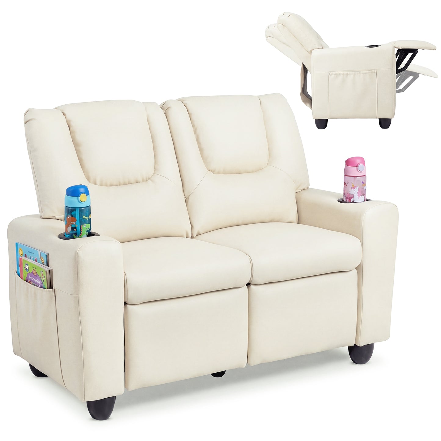 Beige 2 Seater Kids Recliner | Cup Holders & Storage Pockets
