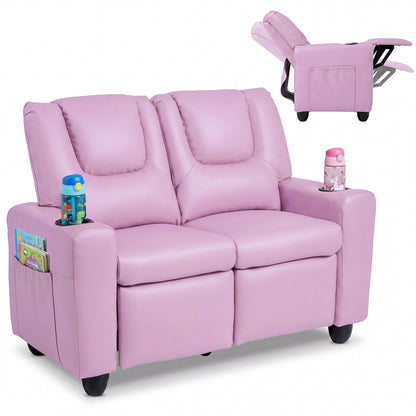 Pink 2-Seater Kids Recliner | Cup Holders & Storage Pockets