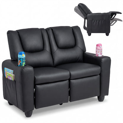 Black 2 Seater Kids Recliner | Cup Holders & Storage Pockets