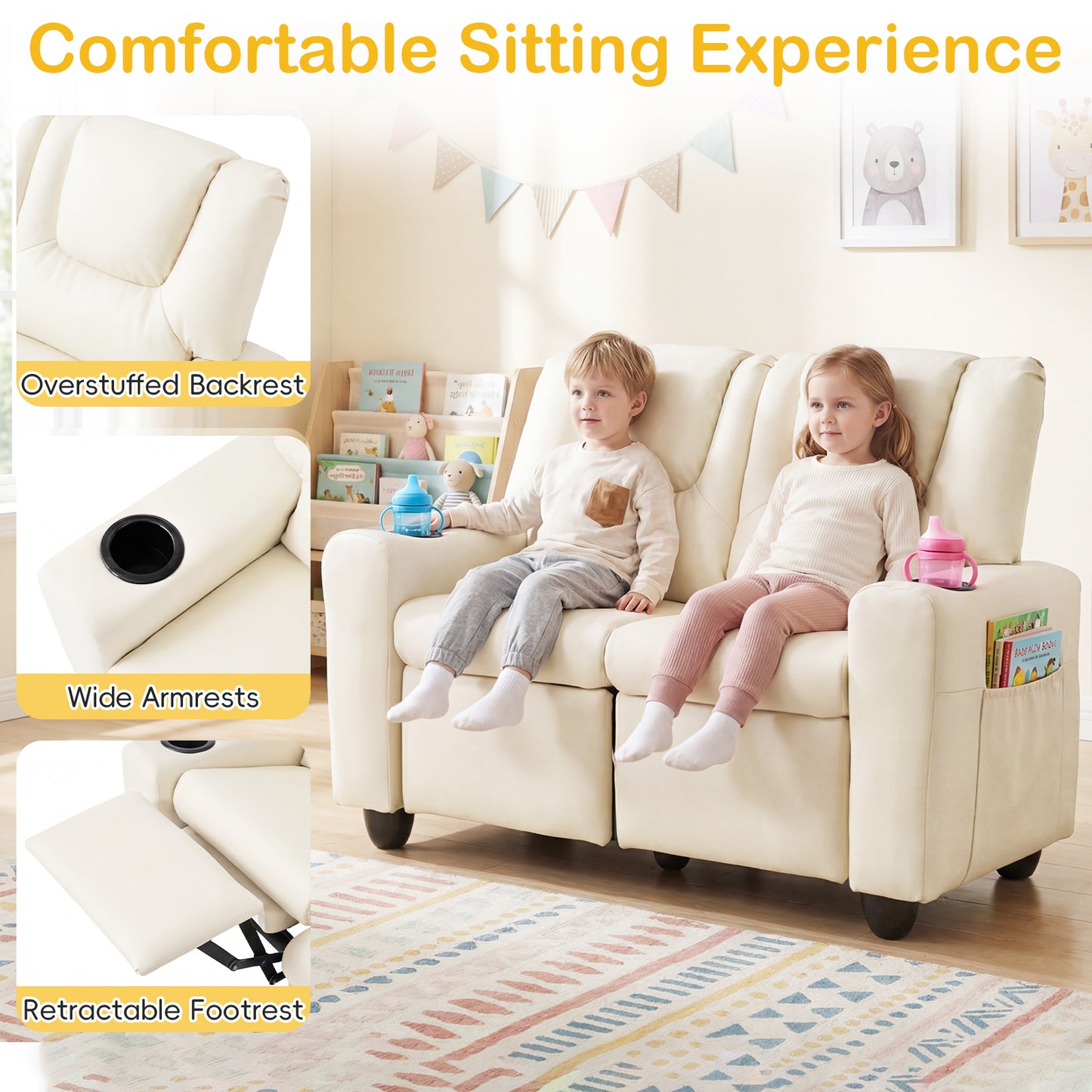 Beige 2 Seater Kids Recliner | Cup Holders & Storage Pockets