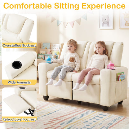 Beige 2 Seater Kids Recliner | Cup Holders & Storage Pockets