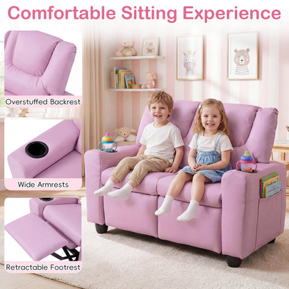 Pink 2-Seater Kids Recliner | Cup Holders & Storage Pockets