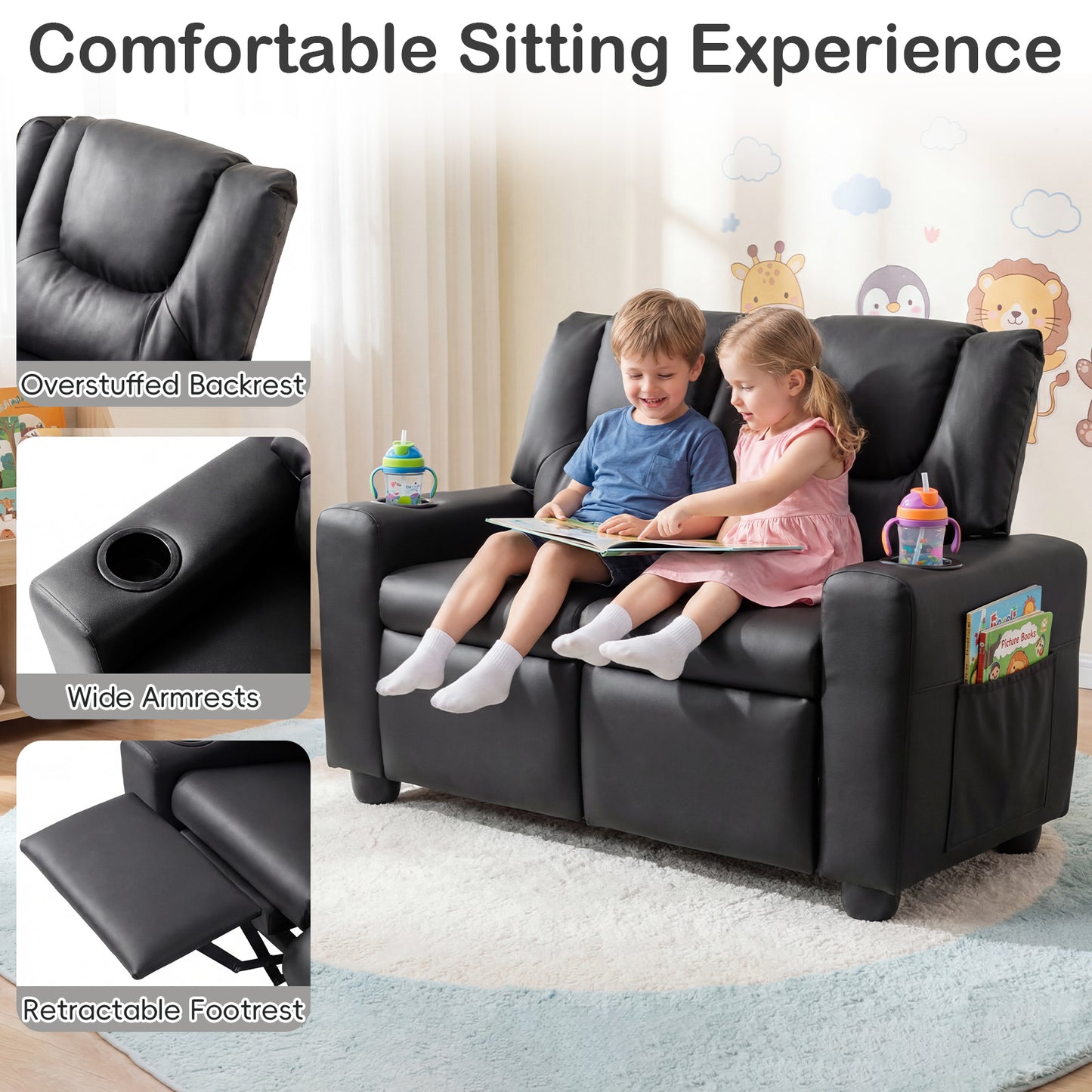 Black 2 Seater Kids Recliner | Cup Holders & Storage Pockets