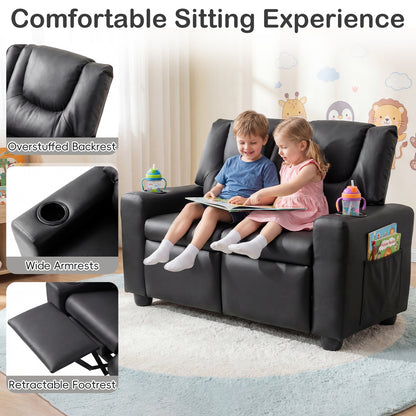 Black 2 Seater Kids Recliner | Cup Holders & Storage Pockets