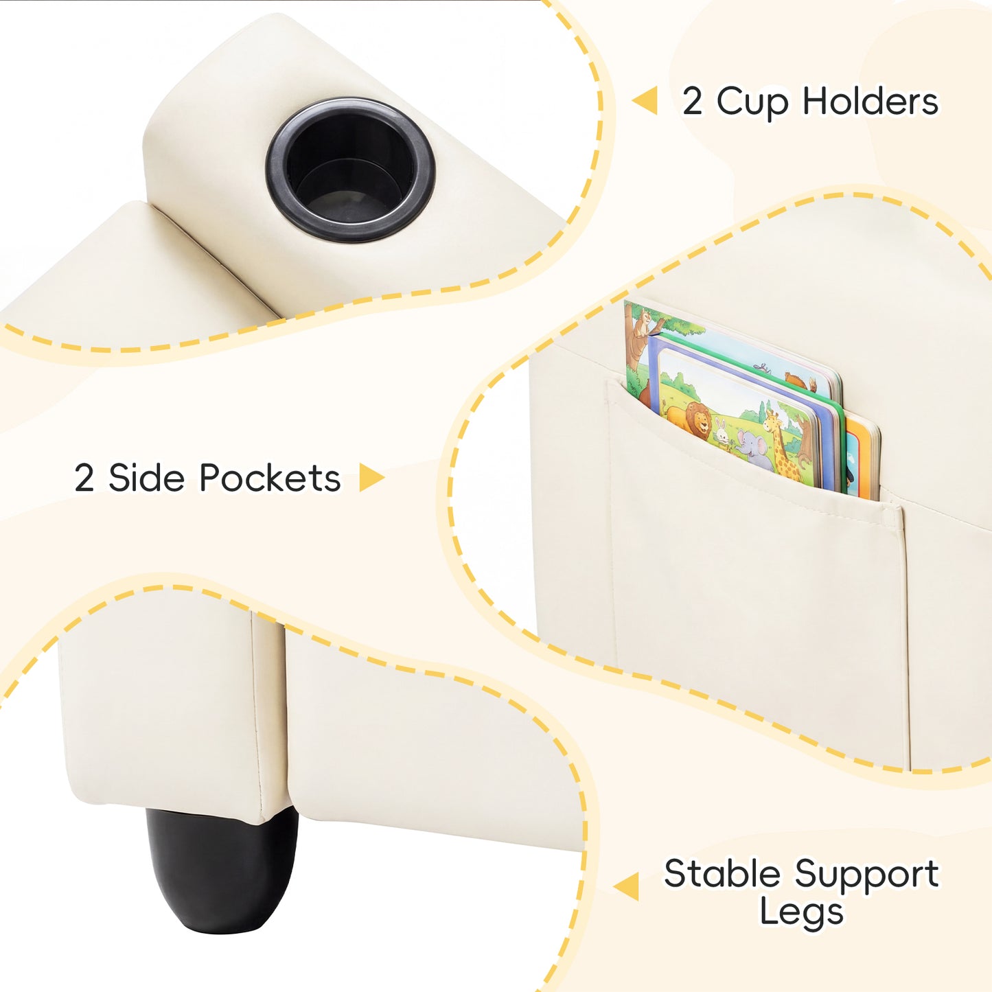 Beige 2 Seater Kids Recliner | Cup Holders & Storage Pockets