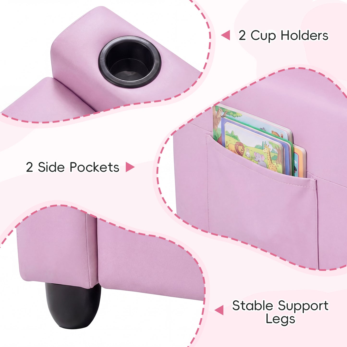 Pink 2-Seater Kids Recliner | Cup Holders & Storage Pockets
