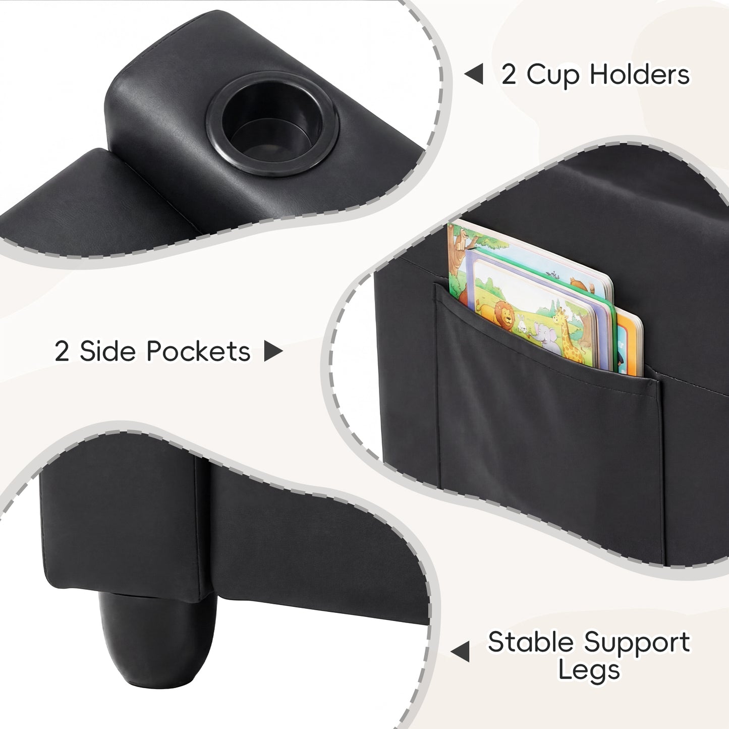 Black 2 Seater Kids Recliner | Cup Holders & Storage Pockets