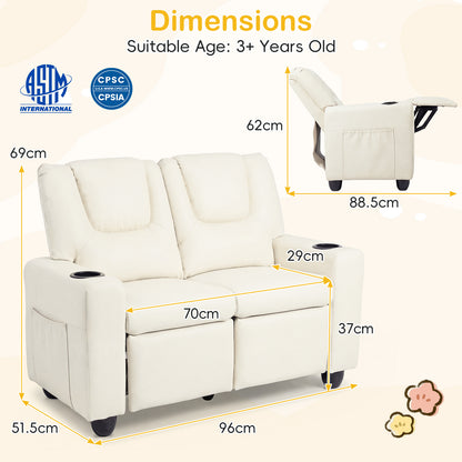 Beige 2 Seater Kids Recliner | Cup Holders & Storage Pockets
