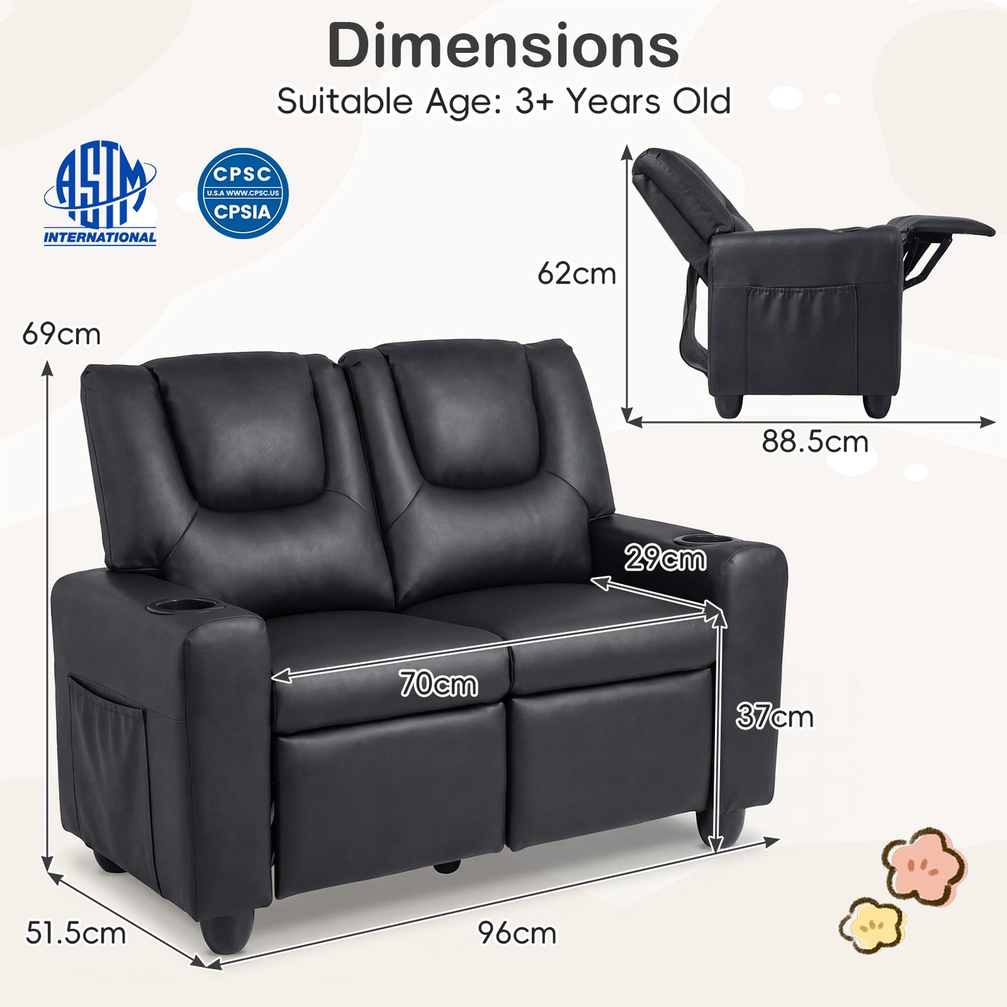 Black 2 Seater Kids Recliner | Cup Holders & Storage Pockets