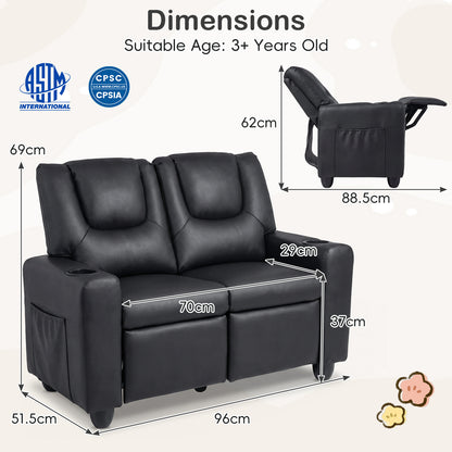 Black 2 Seater Kids Recliner | Cup Holders & Storage Pockets