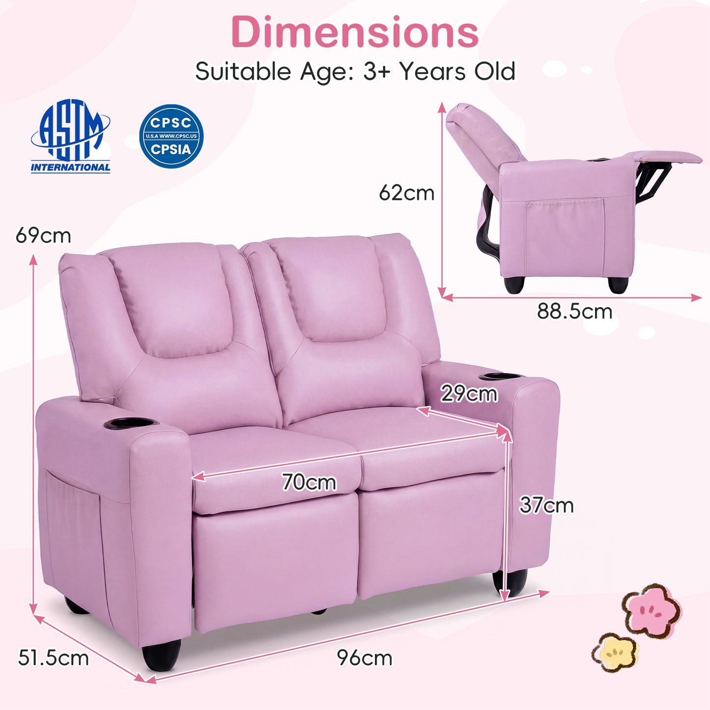 Pink 2-Seater Kids Recliner | Cup Holders & Storage Pockets