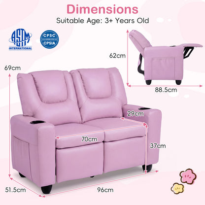 Pink 2-Seater Kids Recliner | Cup Holders & Storage Pockets