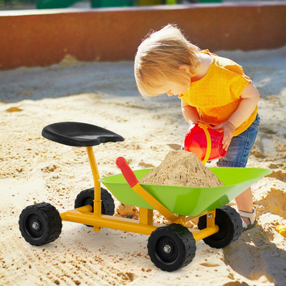 Kids Ride-On Sand Dumper Outdoor Sandbox Toy Heavy-Duty Carbon Steel Kids Wheelbarrow-Green