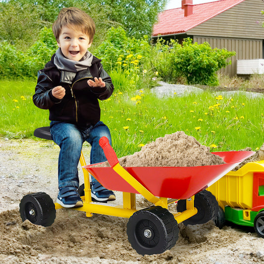 Kids Ride-On Sand Dumper Outdoor Sandbox Toy Heavy-Duty Carbon Steel Kids Wheelbarrow-Red
