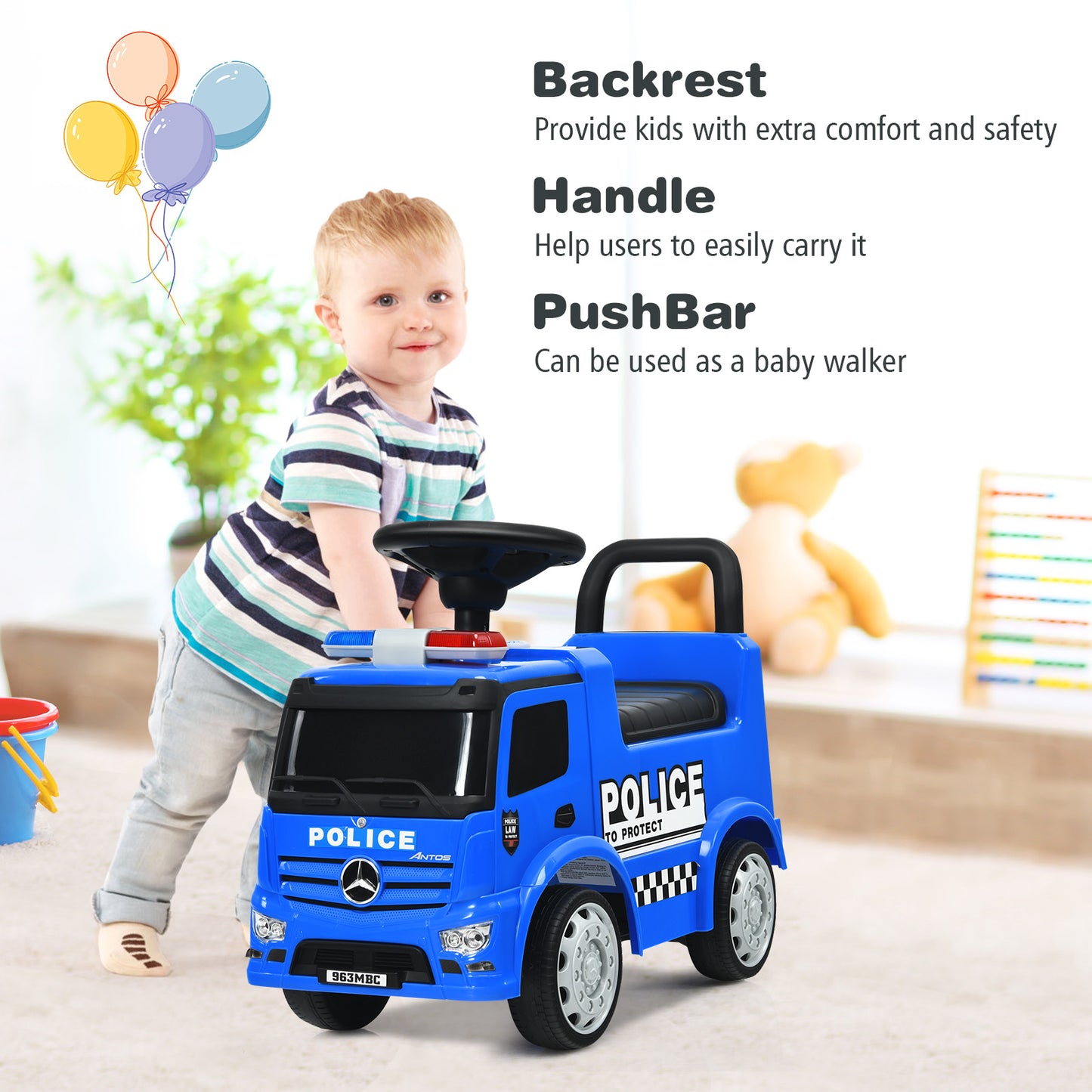 Blue Mercedes Benz Police Ride On Car | Push Bar Toddler Toy
