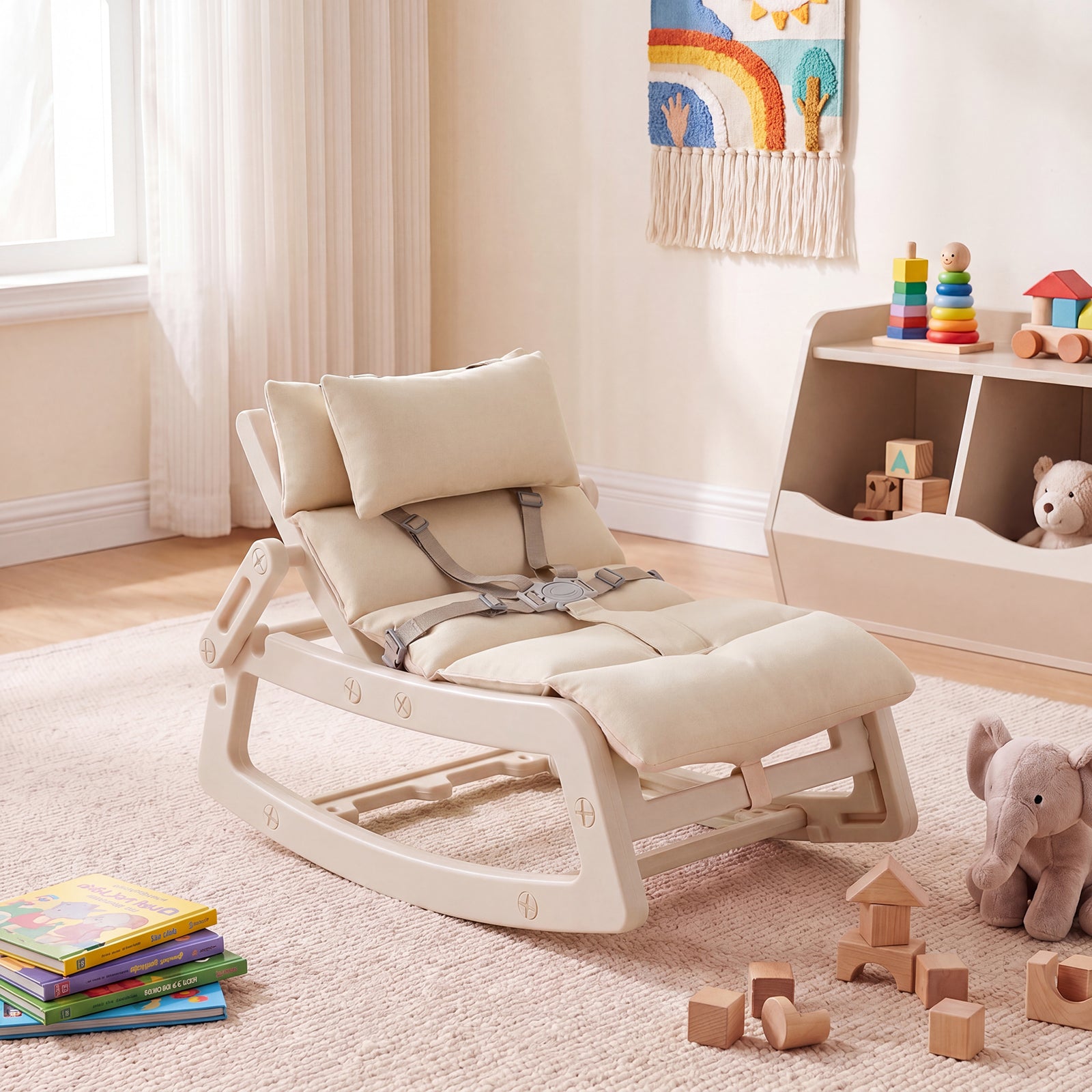 Costway Kids Rocking Chair with Adjustable Backrest & Washable Cushion for 6+ Months-Beige