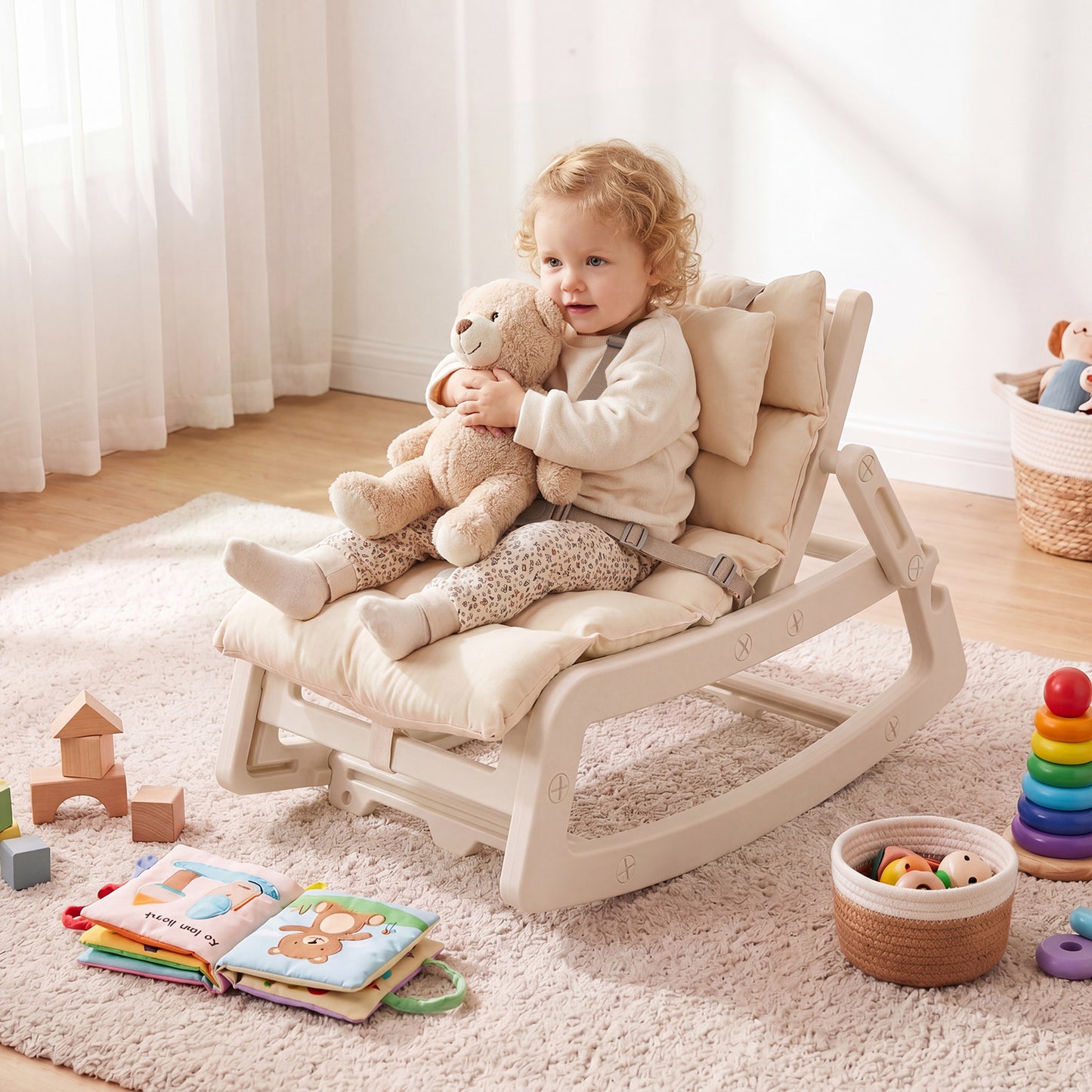 Beige Kids Rocking Chair | Adjustable Backrest & Washable Cushion