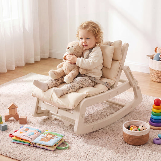 Beige Kids Rocking Chair | Adjustable Backrest & Washable Cushion