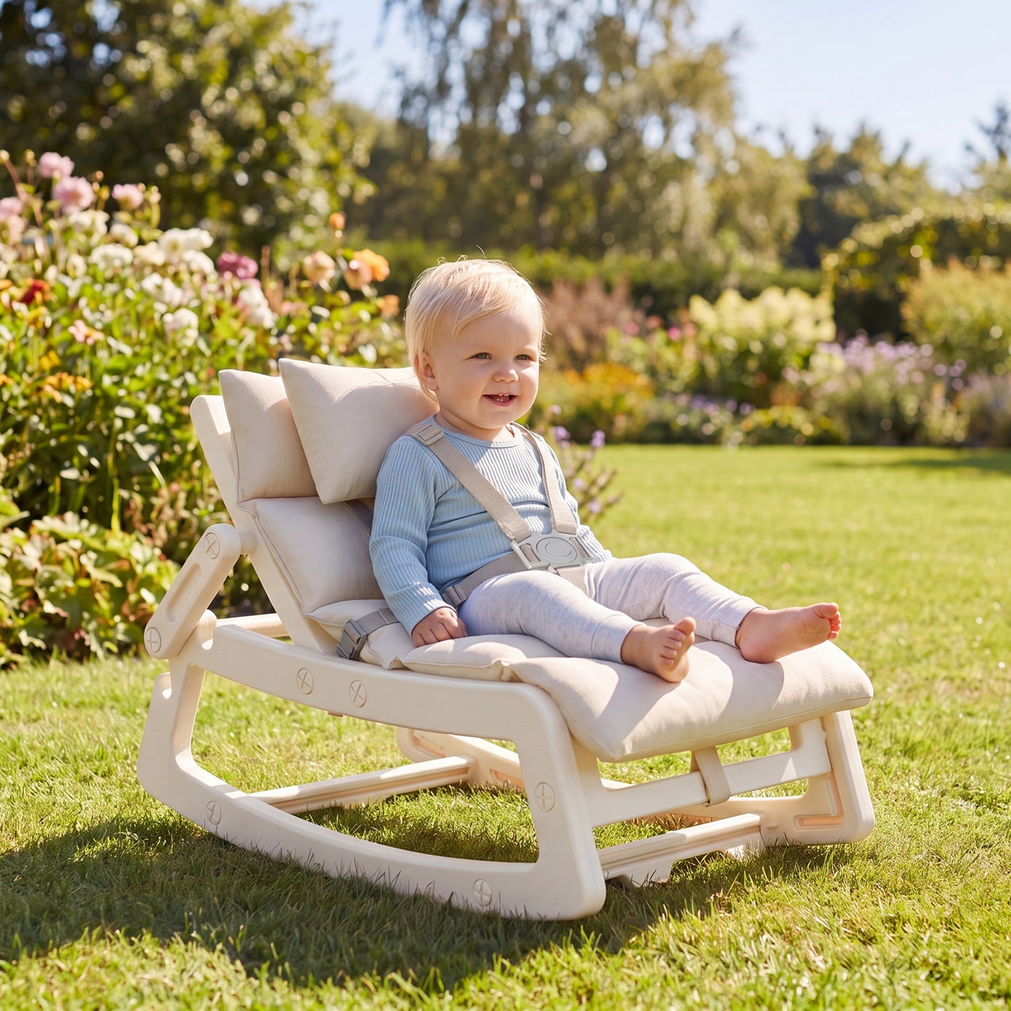 Beige Kids Rocking Chair | Adjustable Backrest & Washable Cushion
