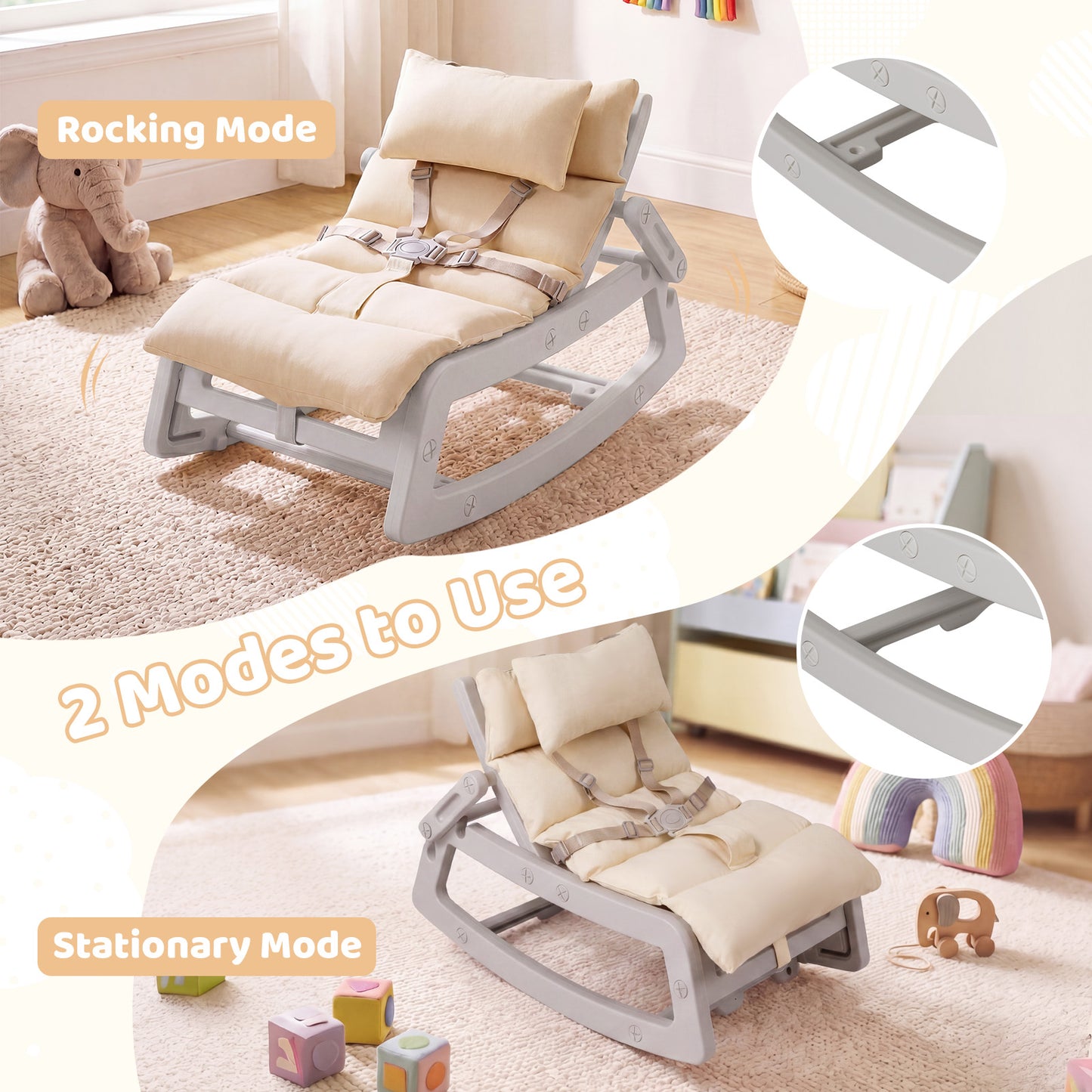 Grey Kids Rocking Chair | Adjustable Backrest & Washable Cushion