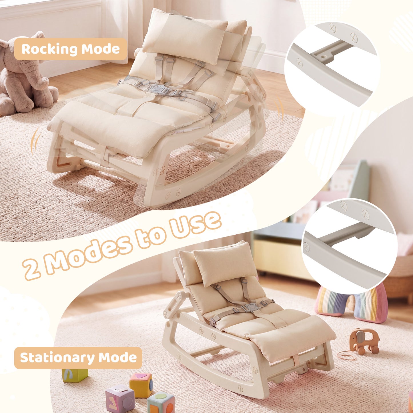Beige Kids Rocking Chair | Adjustable Backrest & Washable Cushion