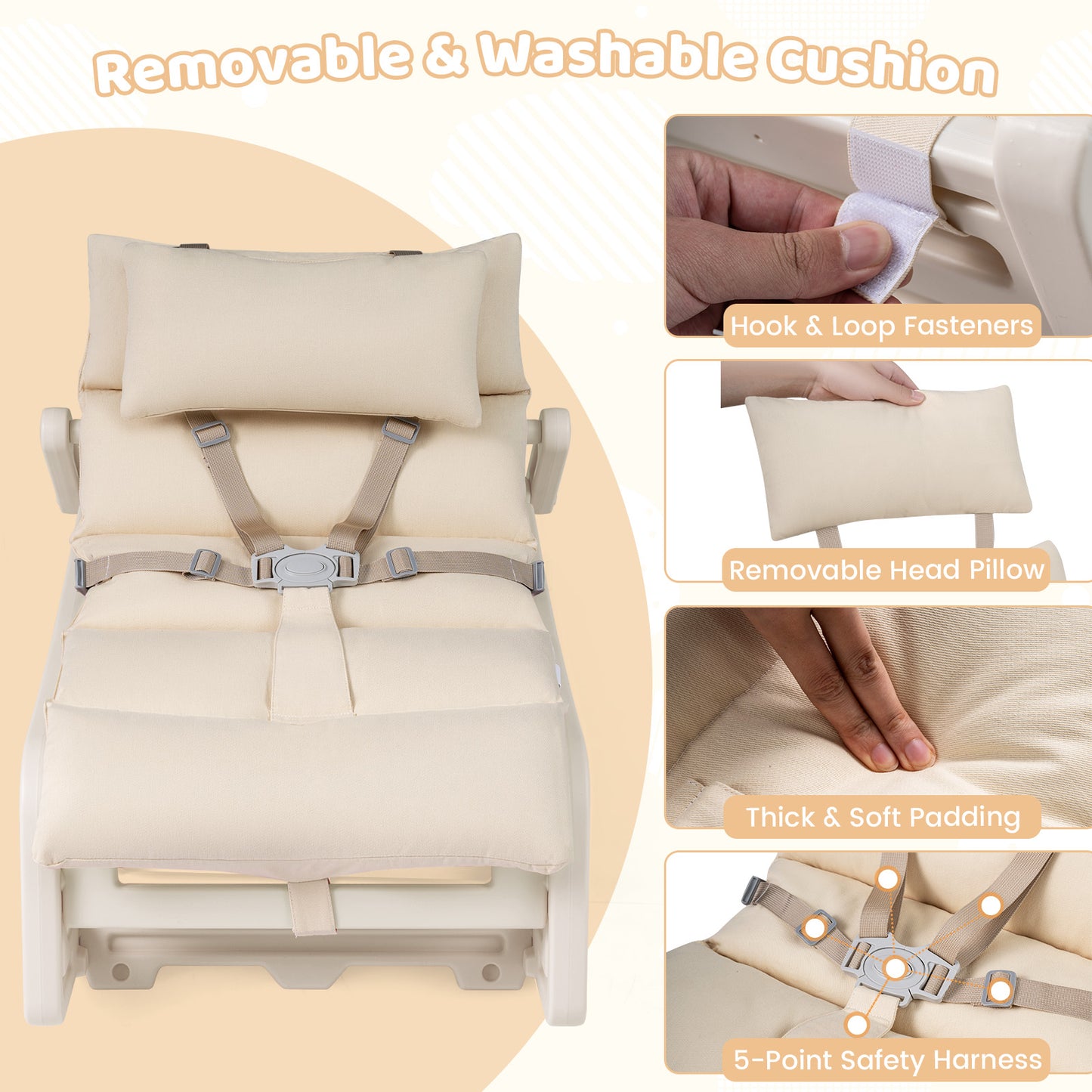 Beige Kids Rocking Chair | Adjustable Backrest & Washable Cushion