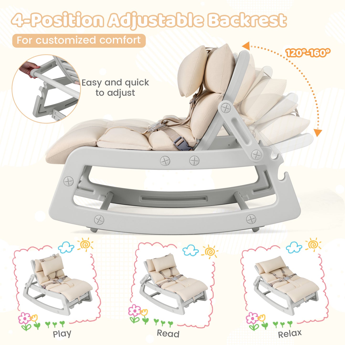 Grey Kids Rocking Chair | Adjustable Backrest & Washable Cushion