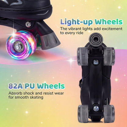 Black Adjustable Quad Roller Skates | 4 Sizes Teen Beginners