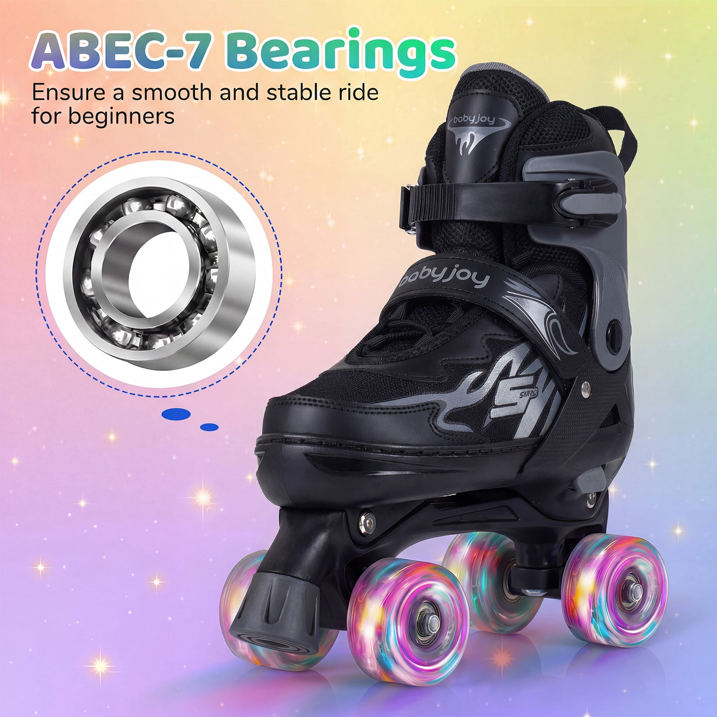Black Adjustable Quad Roller Skates | 4 Sizes Teen Beginners