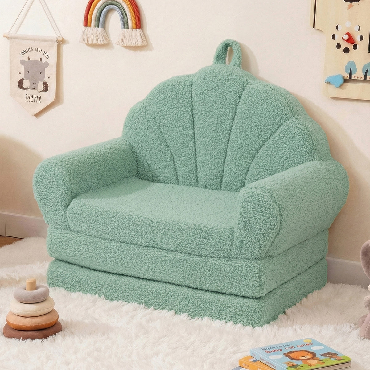 Costway 2-in-1 Kids Flip Out Sofa with Soft Fabric Cover for Playroom-Green