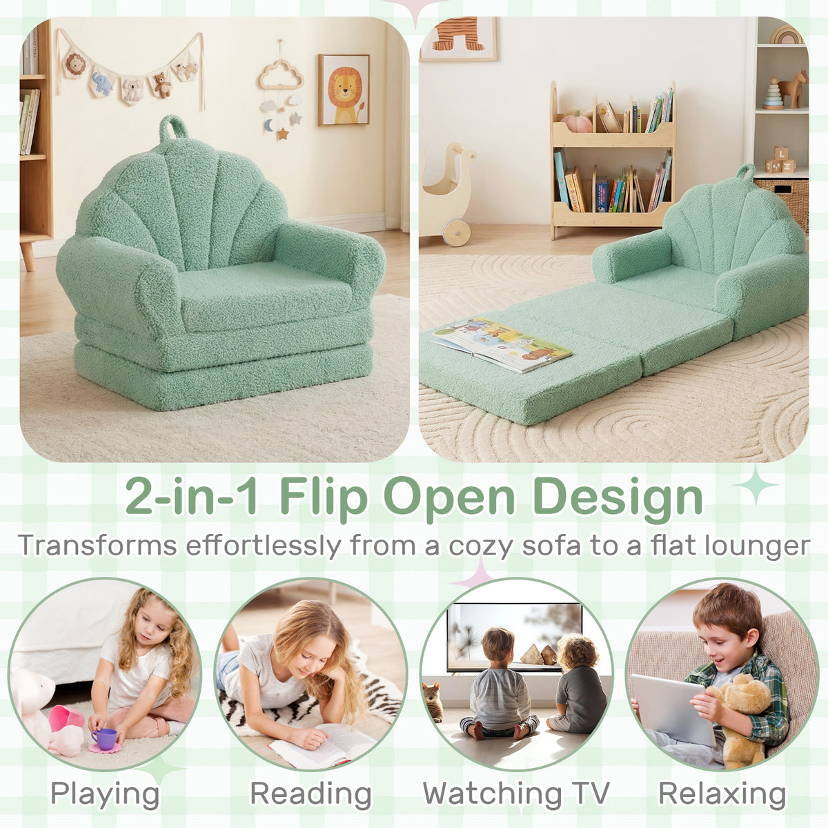 Green Kids Flip Out Sofa | 2 In 1 Foam Lounger with Soft Cover