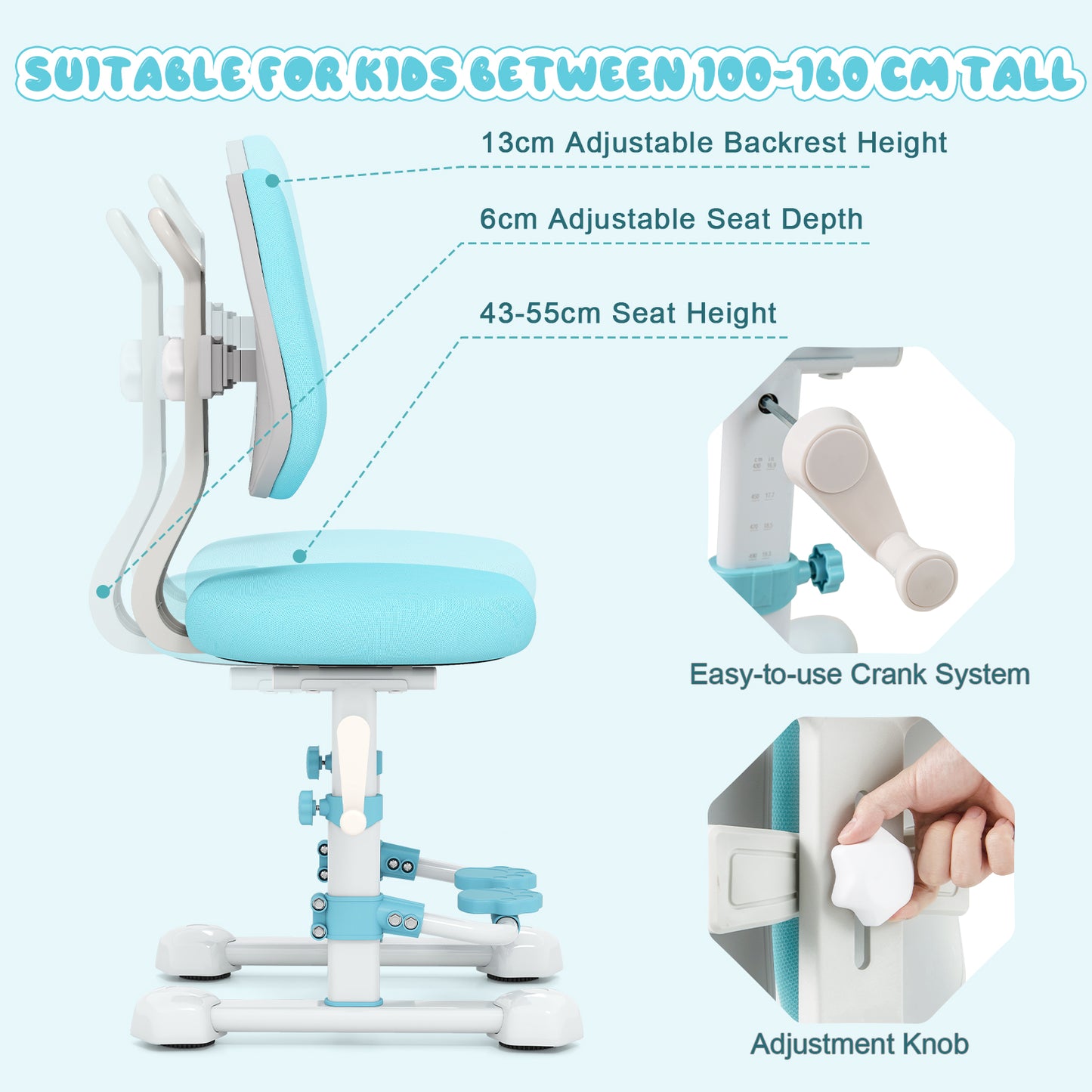 Blue Ergonomic Kids Study Chair | Adjustable Height & Footrest