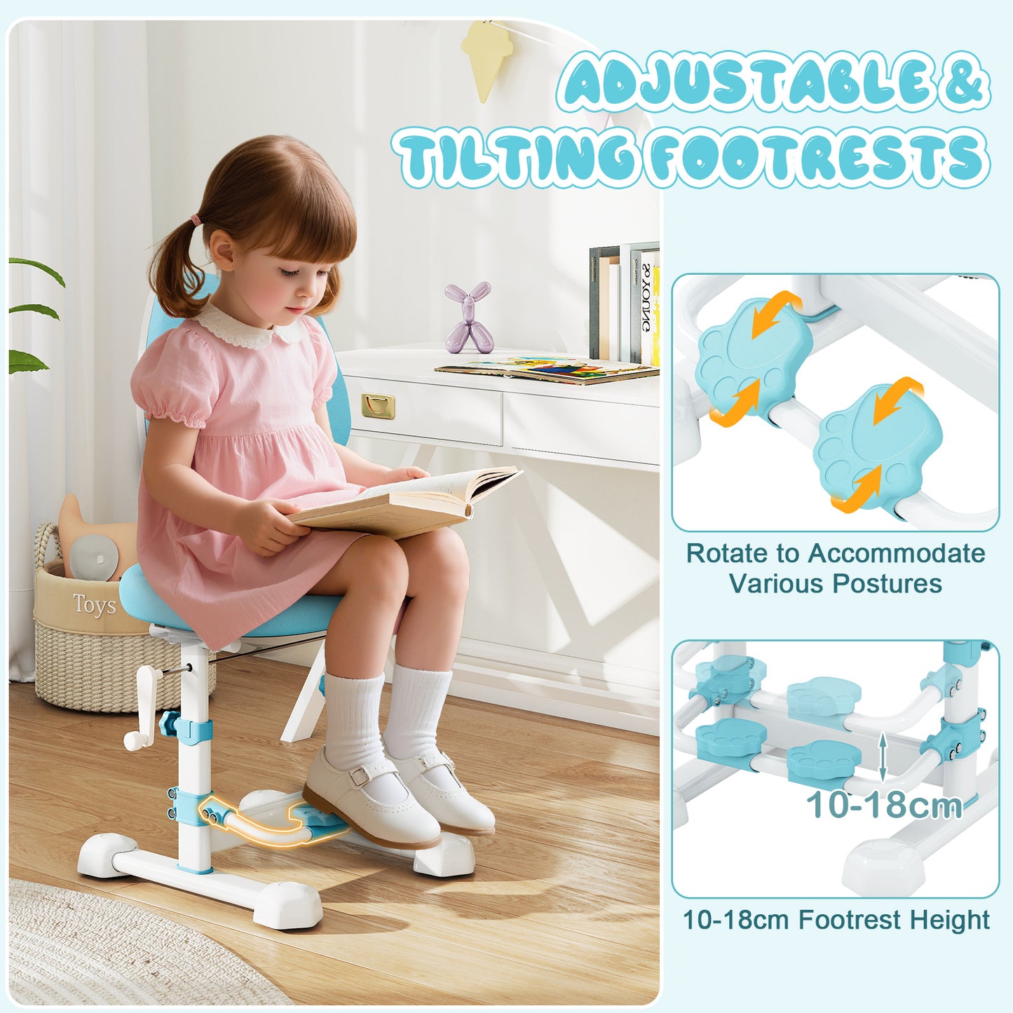 Blue Ergonomic Kids Study Chair | Adjustable Height & Footrest