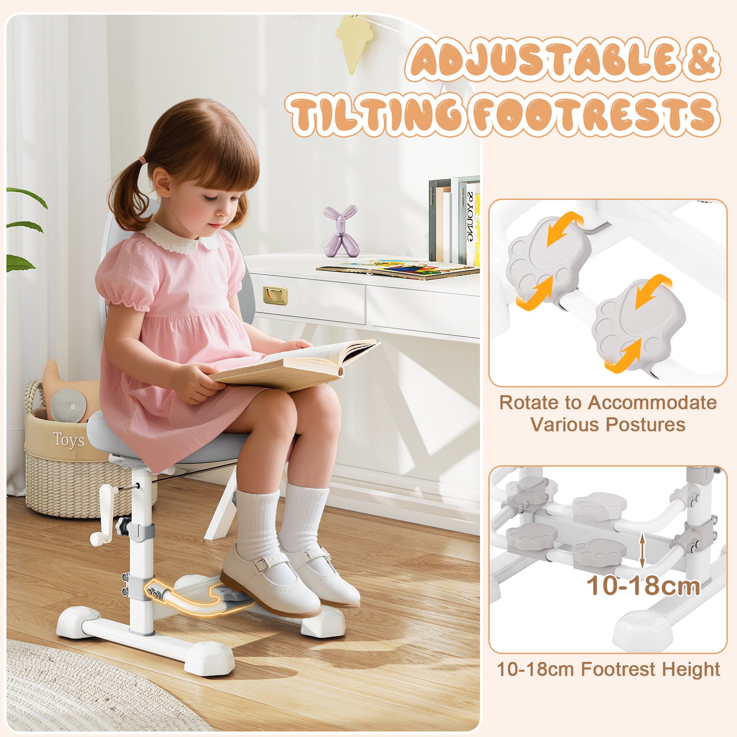 Ergonomic Kids Study Chair | Adjustable Backrest & Footrest | Grey