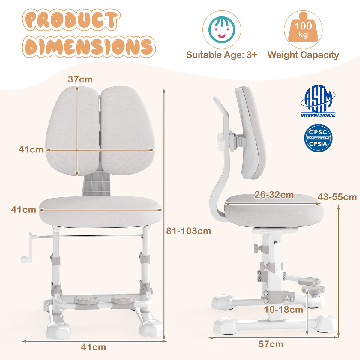 Ergonomic Kids Study Chair | Adjustable Backrest & Footrest | Grey