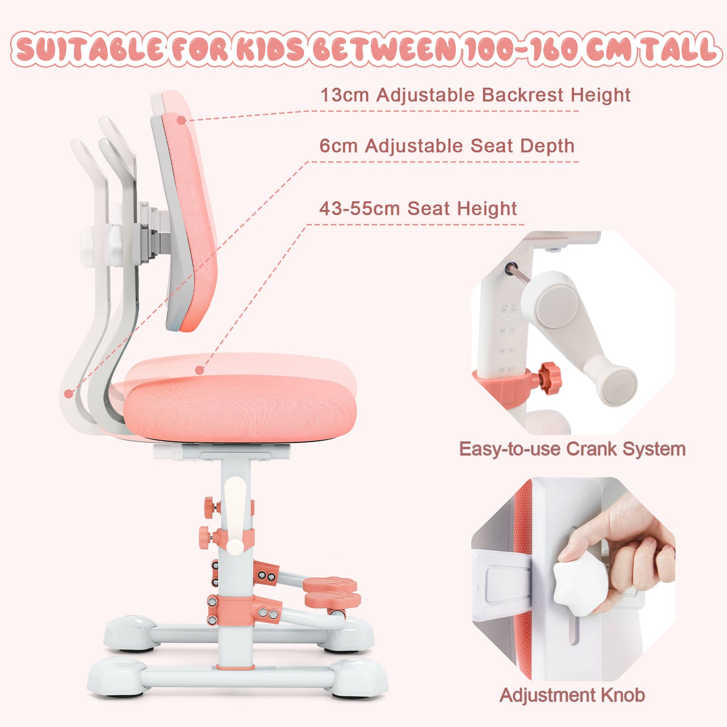 Pink Kids Ergonomic Chair | Adjustable Height & Double Backrest