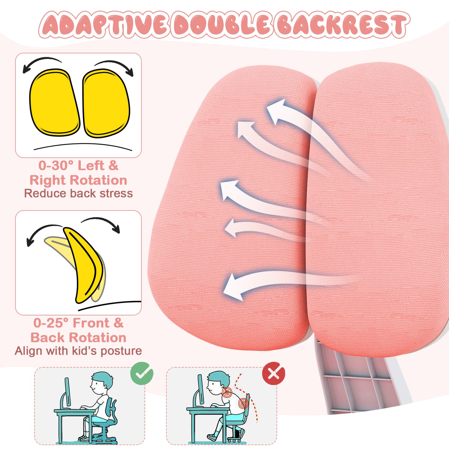 Pink Kids Ergonomic Chair | Adjustable Height & Double Backrest
